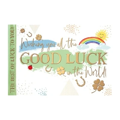 Image of Words &#039;n&#039; Wishes Male/Female Good Luck Card &#039;Best of To You!&#039; Rainbow, Clovers &amp; Horseshoes Embossed with Gold Foil Eco Friendly Made in Great Britain