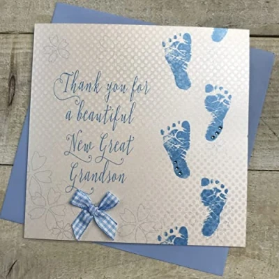 Image of WHITE COTTON CARDS Thank you for A Beautiful New Great Grandson Handmade Card Footprints WB224 GGS