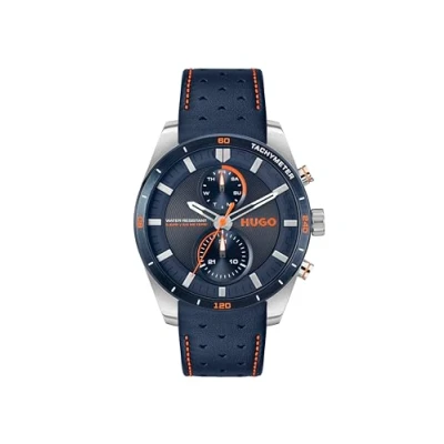 Image of HUGO Analogue Multifunction Quartz Watch for Men with Navy Blue Leather Strap 1530371