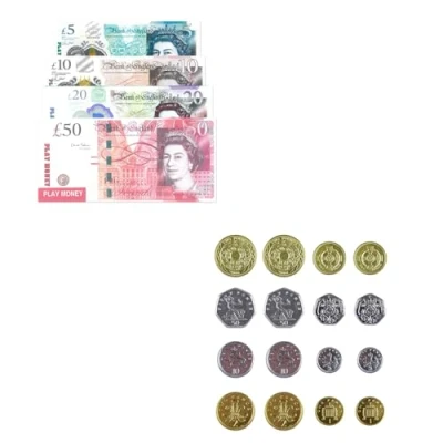 Image of The Home Fusion Company Childrens Kids Fake Toy Shop Game Play Money Pound Notes &amp; Coins