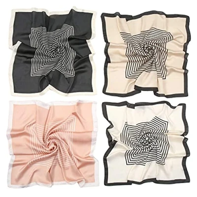 Image of KAVINGKALY 4 Pack Large Square Satin Headscarves Hair Scarves Silk Accessories Classic Patterned Squares Beach Bandanas for Women(Style a)