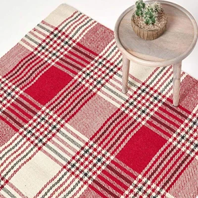 Image of HOMESCAPES Tartan Rug Handwoven Red, White &amp; Black 100% Wool Non Slip Rug, &#039;Walker&#039; Check 120 x 170 cm