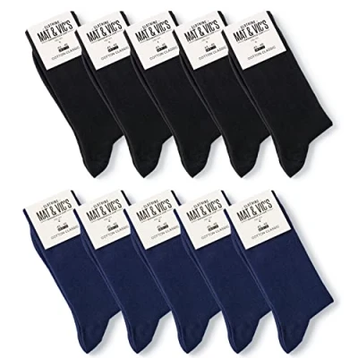 Image of Mens Socks (10 Pair Pack) by Mat &amp; Vic&#039;s Cotton Classic Comfortable Breathable (UK 9 11 / EU 43 46, Business Colours Navy Blue, Black)