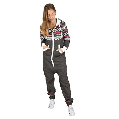 Image of Parsa Fashions New Womens Ladies Aztec Print Hooded Zip Up Onesie Jumpsuit Plus Size, Charcoal, XXXXXL 22