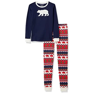 Image of Hatley Unisex Fair Isle Bear &amp; Moose Family Pyjamas Pajama Set, Kid&#039;s Long Sleeve Appliqué Pyjama Set Navy Isle, 3 Years
