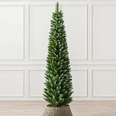 Image of CHRISTOW Frosted Pencil Christmas Tree 6ft, Artificial Slim Snowy Spruce, Indoor Home Xmas Decoration, Natural Looking Dual Tone PVC Needles, Easy Assembly with Stand (tree skirt not included)