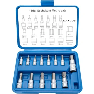 Image of DAKCOS 13pcs Hex Socket Set, Metric 2 14mm Allen Kit, Bit Set 1/4&quot;, 3/8&quot;, 1/2&quot; CR V Sockets and S2