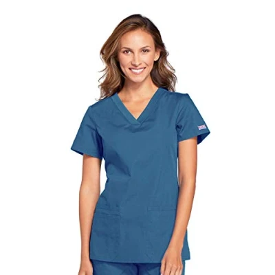 Image of CHEROKEE Women&#039;s Top with V Neck Medical Scrubs, Caribbean Blue, Large