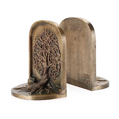 Image of Tree of Life Bookends Set, Antique Brass Book Ends, 2 Decorative for Shelves or Bookcase, Cast Iron Bookends, Stylish Non Skid Anti Slip Heavy Home Décor Gift