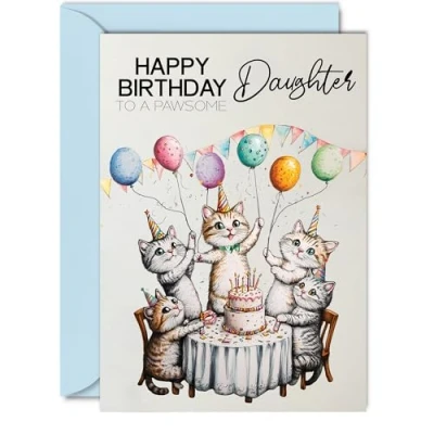 Image of Daughter Birthday Card Pawsome Party Cats Balloons Happy for from Dad Mum, A5 Female Cat Bday Greeting Cards