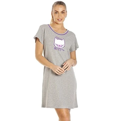 Image of Camille Womens Short Sleeved Pug &amp; Cat Nightdresses Ladies 100% Cotton Knee Length Nighties Comfortable Breathable Summer Nightwear Light Grey 12 14