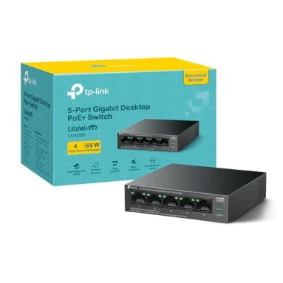 Image of TP Link 5 Port Gigabit desktop Switch with 4 PoE+, up to 10 Gbps switching capacity, 65 W PoE Budget 250 m Transmission, or wall mounting design, Plug and play, metal case(LS105GP)