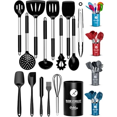 Image of ORBLUE Silicone Kitchen Utensils, 14 Piece Utensil Set with Holder, Cooking Utensils Safe Food Grade Heads and Stainless Steel Handles Heat Proof Silicone, Black