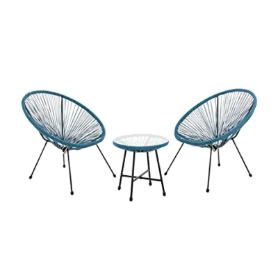 Image of EVRE Goa Teal Acapulco Styled Egg Shape Conversational Garden Furniture Bistro Patio Outdoor Set For Balconies Gardens Terraces 2 Chairs 1 Glass Top Table
