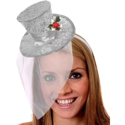 Image of Ladies Christmas Top Hat Fancy Dress Costume Accessory X Mas Fascinator on Headband (Silver)