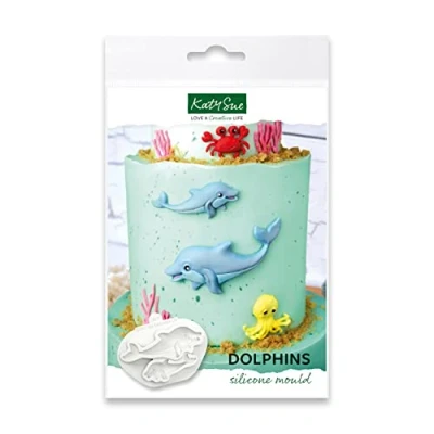 Image of Katy Sue Dolphins Silicone Mould for Seaside &amp; Sea Themed Cake Decorating Crafting Makes 1 Large Dolphin 11.5cm x 3.5cm Small 7.5cm 2.5cm