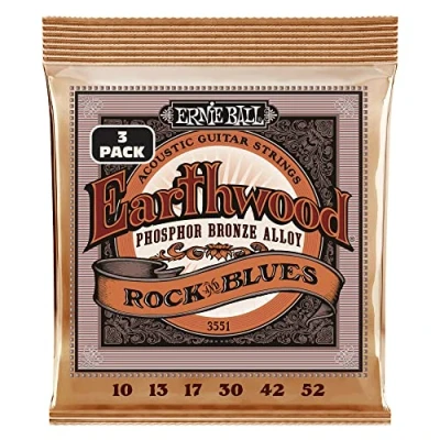 Image of Ernie Ball Earthwood Rock and Blues, with Plain G, Phosphor Bronze Acoustic Guitar Strings 3 Pack 10 52 Gauge