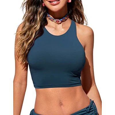 Image of CRZ YOGA Women&#039;s Racerback Bikini Tops Quick Dry Modest Swimsuit Top Sports Padded Bathing Suit Insignia Blue 8