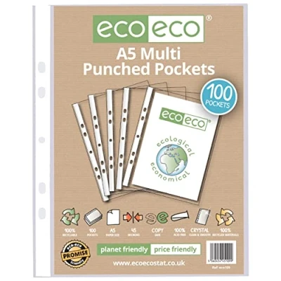 Image of eco A5 100% Recycled Premier Multi Punched Pockets Glass Clear, Transparent Poly Wallet Sheet Protector, 45 Microns (Pack of 100), eco109