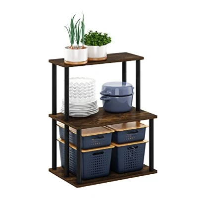 Image of Furinno Turn N Tube 3 Tier Toolless Kitchen Storage Shelf, Amber Pine/Black