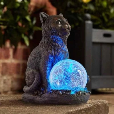 Image of Garden Mile Novelty Solar Powered Ornaments Outdoor Cat Statue With Multicoloured LED Lights Weatherproof Durable Animal for Patio Home Decor (Mystic Cat)