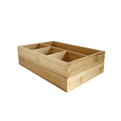Image of Two Compartment Bamboo Wooden Drawer Dividers Multifunctional Organizer Serving Tray Storage Box Dual Pack