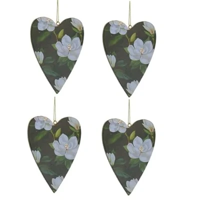 Image of Gisela Graham Wooden Magnolia Heart Christmas Decoration, Set of 4