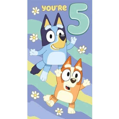 Image of Bluey 5th Birthday Card, Kids Cartoon Design with and Bingo Characters