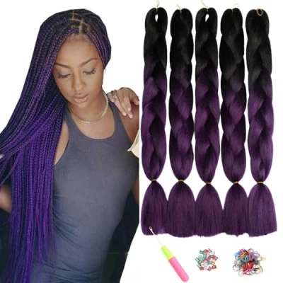 Image of ShowJarlly 5 Packs Ombre Jumbo Braid Hair, Black/Purple Kanekalon Hair African Extension, 24inch Box Extensions Synthetic Colorful for Braiding