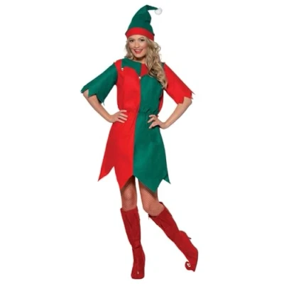 Image of Smiffys Elf Costume, Red &amp; Green with Hat Tunic, Christmas Adult Fancy Dress, Dress Up Costumes