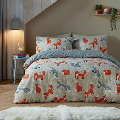 Image of Fusion Natural Fox Duvet Cover King Bedding Size (230 x 220cm) Super Soft 100% Brushed Cotton Reversible Design Woodland with Red Foxes Print Gifts