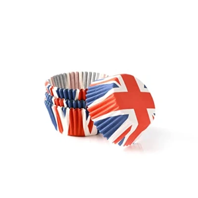 Image of Union Jack Cupcake Cases Pack of 1 100 Baking Paper Cups with Flag Print Perfect for Jubilee Parties and Celebrations