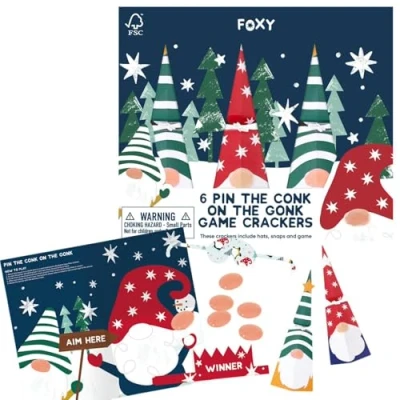 Image of Celebration Crackers Foxy Pin the Conk on Gonk Family Game Christmas 6x 8.5 Inch FSC Certified, Recyclable Packaging, Unique Standing Design