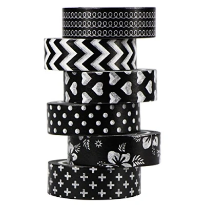 Image of UOOOM 6pcs Decorative Washi Tape Masking Black White Adhesive Scrapbooking DIY Craft Gift 10m x 15mm (Black)