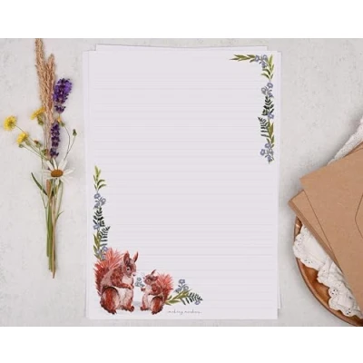 Image of Making Meadows A4 Lined Letter Writing Paper Set (20 Sheets &amp; 10 envelopes) Squirrel with Flowers Design On Penpal Stationery