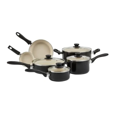Image of Amazon Basics Ceramic Non Stick Pots and Pans, 11 Piece Cookware Set, PFOA PTFE Free, Black/Cream