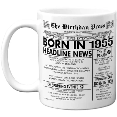 Image of Stuff4 70th Birthday Mug Gift for Men Women Born in 1955 Newspaper Happy 70 Gifts Grandad Grandma Nan Vintage Retro Back Age Seventy Bday, 11oz Ceramic Coffee Mugs