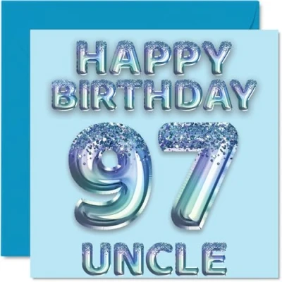 Image of 97th Birthday Card for Uncle Blue Glitter Party Balloons Happy Cards 97 Year Old from Nephew Niece, 145mm x Bday Greeting Gift