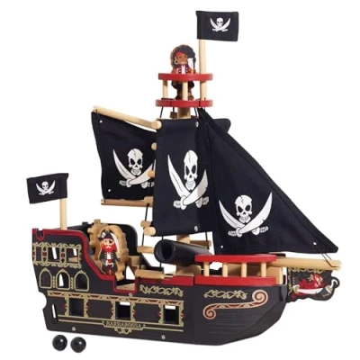Image of Le Toy Van Wooden Educational Pirates Collection Barbarossa Pirate Ship With Cannon, Cannon Balls, Plank, Trap Door and Anchor Pretend Play Toys, Black, Medium