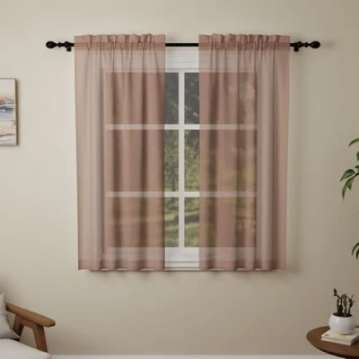 Image of Pacok Mocha Voile Curtains, 45 Drop 2 Panels Net Curtain for Windows, Rod Pocket Sheer Panel Curtains Living Room Kitcken Bedroom W56xL45 Inch(Mocha, 142 x 114cm)