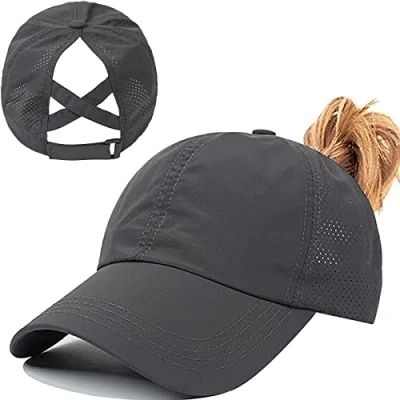 Image of Womens Criss Cross Ponytail Baseball Cap,High Messy Bun Ponycap Quick Drying Mesh Outdoor Sports Hat with Hole Adjustable Travel Summer (Dark Gray, One Size)