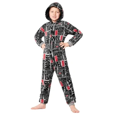Image of Marvel Fleece Onesie for Boys Hooded Kids Teenagers 7 15 Years PJs Comfy Loungewear Gifts (Grey Aop, 13 14 Years)