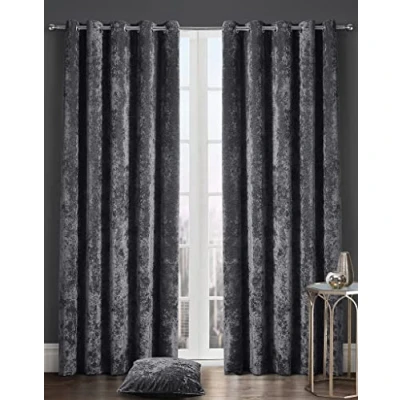Image of GoldStar Crushed Velvet Eyelet Fully Lined Curtains, 90 x inch, Charcoal