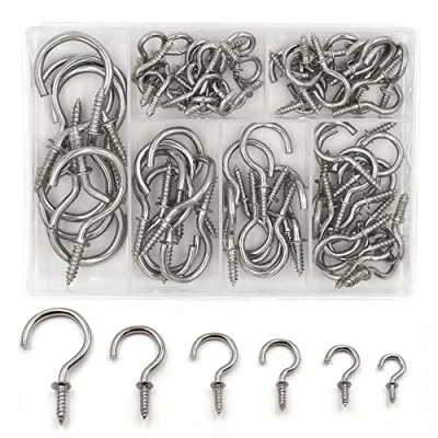 Image of Yuknees Screw Hooks, 75Pcs Cup Hook Ceiling Hooks,6 Sizes Nickel Plated Metal Hooks,Silver Hooks for Hanging Mug Kit Kitchen Garden