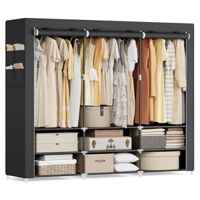 Image of SONGMICS Clothes Wardrobe, Portable Closet, 45 x 188 176 cm, 3 Hanging Rails, Shelves, and 4 Side Pockets, Large Capacity for Bedroom, Living Room, Black RYG009B01