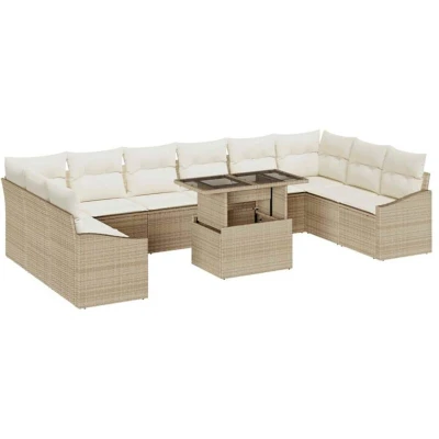 Image of vidaXL 11 Piece Garden Sofa Set with Cushions Beige Poly Rattan