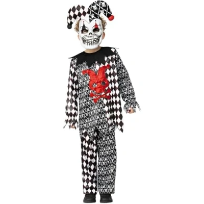 Image of Smiffys Evil Jester Costume Top, Trousers &amp; EVA Mask, Halloween Child Fancy Dress, Clown Dress Up Costumes