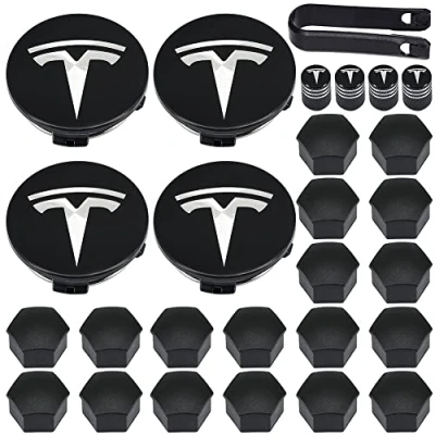 Image of YISIZES Aero Wheel Cap Kit, Tesla Hub Center Covers Lug Nut Caps for Model 3, Y, S, X, Silver Logo