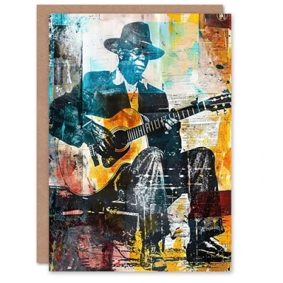 Image of Artery8 Blues Music Guitar Player Upcycle Painting Greeting Birthday Card Him Her All Blank