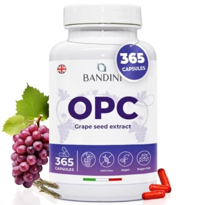 Image of Bandini® OPC Supplement (95%) Grape Seed Extract 1076mg + Vitamin C 365 Capsules High Strength Antioxidant Pure Oligomeric Proanthocyanidin 95% from Italian Grapes Highest HPLC Content